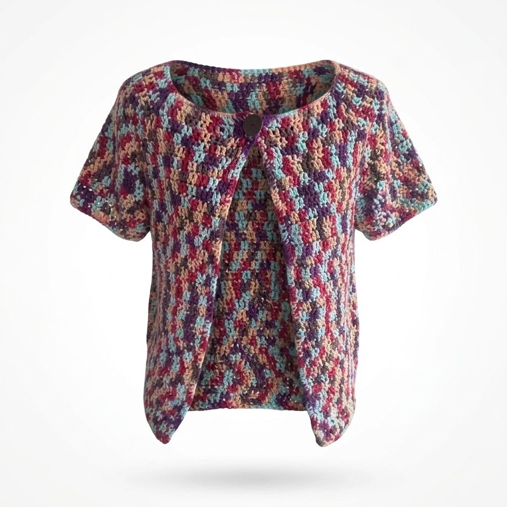 Handmade Crochet Cardigan Short Sleeve Multi Color Variegated Boho Bolero Hippie